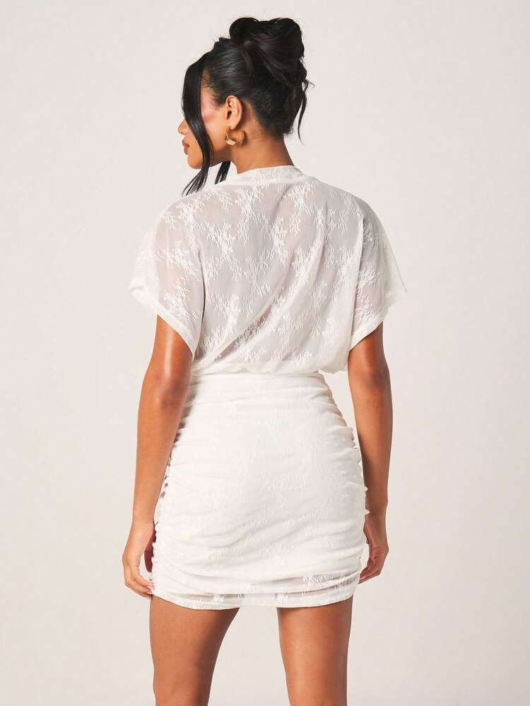 MISSGUIDED Delicate Lace Short Sleeve Mini Dress With Ruched Side Detail And Semi Sheer Overlay For Party Occasions