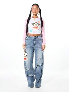 SUMWON X PAUL FRANK SUMWON WOMEN Áo thun nữ tay dài raglan in hình khỉ và họa tiết sao nhiều màu sắc, kiểu tay áo phối màu tương phản, phong cách thường ngày. - Nhiều màu - Xem 5