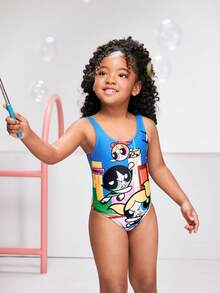 THE POWERPUFF GIRLS X SHEIN Young Girl Cartoon Print One-Piece Swimsuit For Beach Vacation - Multicolor - View 1