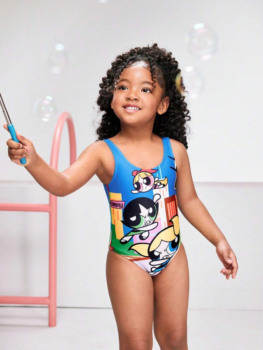 THE POWERPUFF GIRLS X SHEIN Young Girl Cartoon Print One-Piece Swimsuit For Beach Vacation - Multicolor - View 1