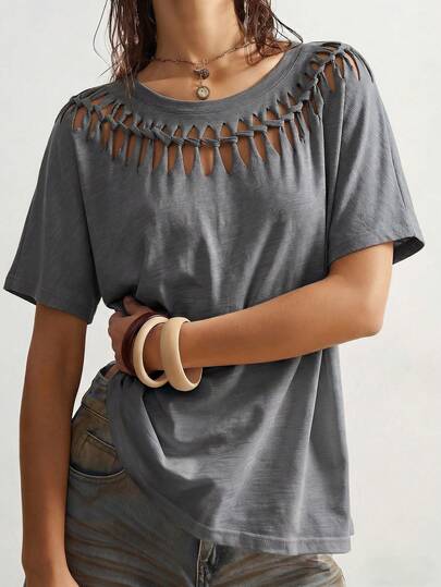 Bohemela Camiseta holgada de mujer de punto de unicolor con cuello redondo y manga corta desgastada