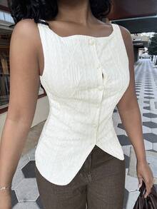 Alexandranx Women's Sleeveless Geometric Textured Single-Breasted Casual Shirt, Geometric Texture And Micro-Stretch Fabric, Women Slim Fit Top Shirt, Elegant And Fashionable For Commuting, Simple Fashion Casual Everyday Cami Tank Top, Spring/Summer, Sleeveless Top, Old Money Blouses, Western Wear Women - Apricot - View 5