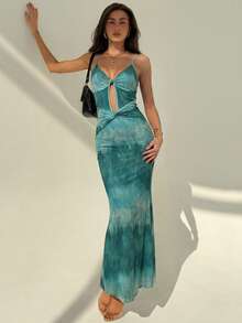 Aloruh 女士夏季印花镂空露背连衣裙，夏季度假连衣裙，沙滩连衣裙，波西米亚热带度假风连衣裙 - 藍色 - 查看 4