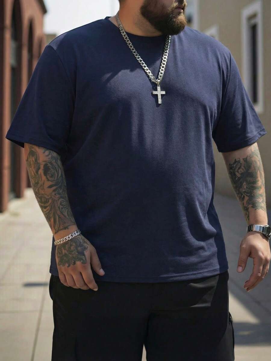 Manfinity Homme 大码男式纯色圆领短袖休闲 T 恤 - 寶藍色 - 查看 1