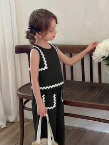 2 pièces Ensemble débardeur rond unicolore et pantalon ample décontracté pour jeune fille - Noir - Voir 4