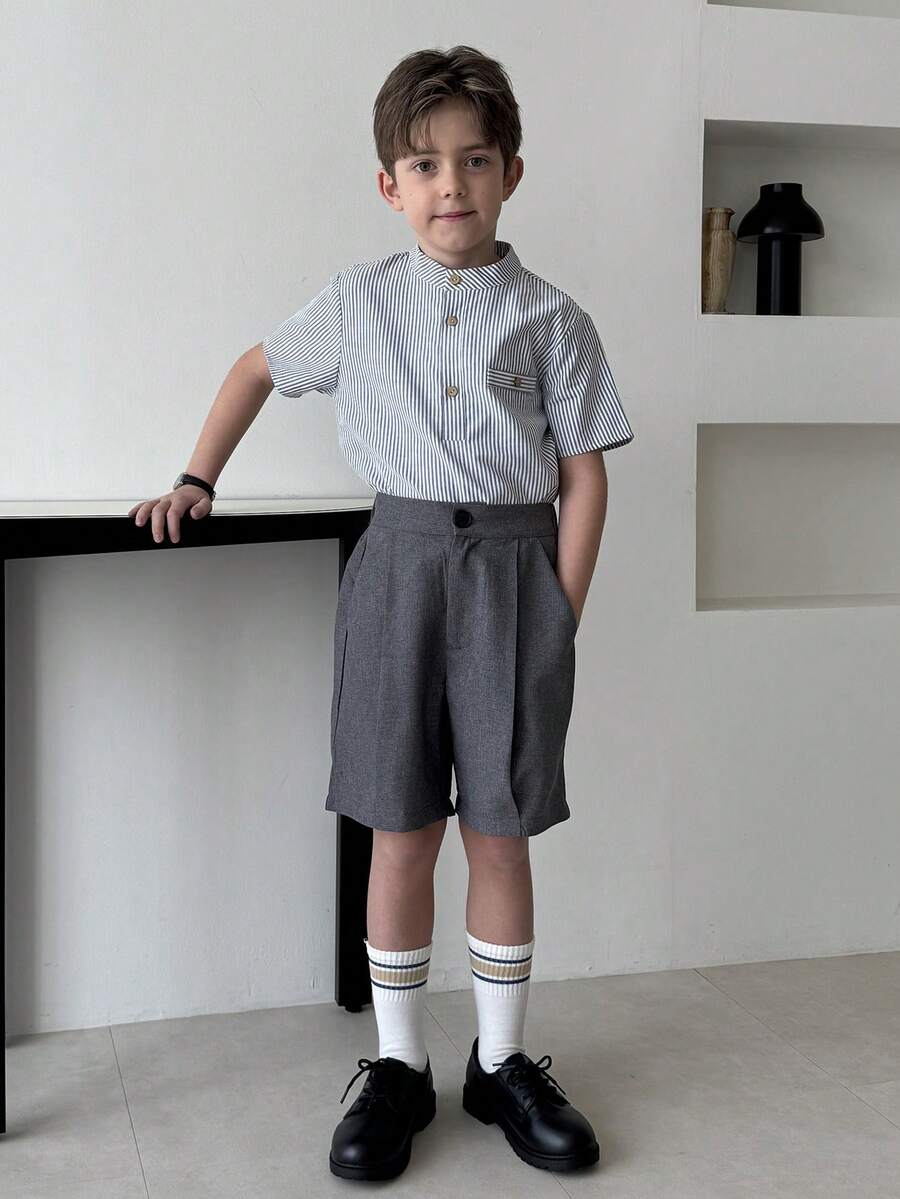 DAZY Tween Boy Striped Short Sleeve Button-Up Casual Shirt - Grey - View 1