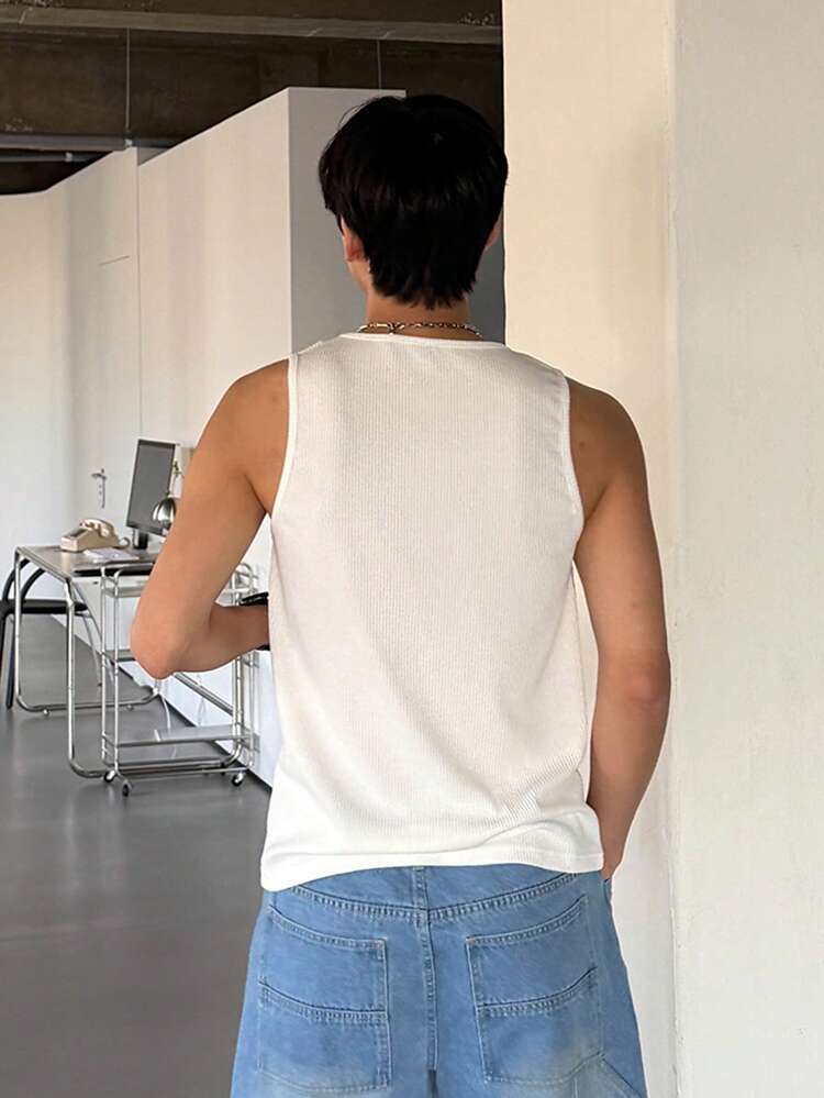 Men's Solid White Ribbed Slim Fit Tank Top, Summer