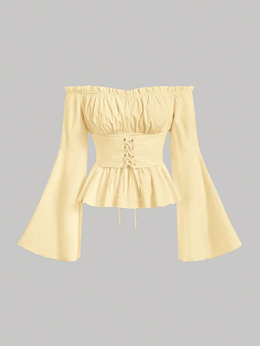 SHEIN MOD Off Shoulder Lace Up Front Ruched Bust Ruffle Hem White Waisted Off-Shoulder Bell Sleeves Blouse,Long Sleeve Tops - Pale Yellow - View 1