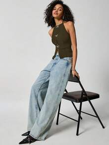 SHEIN EZwear Áo tank top dệt kim trơn màu dáng regular fit, hở lưng, không tay dành cho nữ - xanh quân đội - Xem 3
