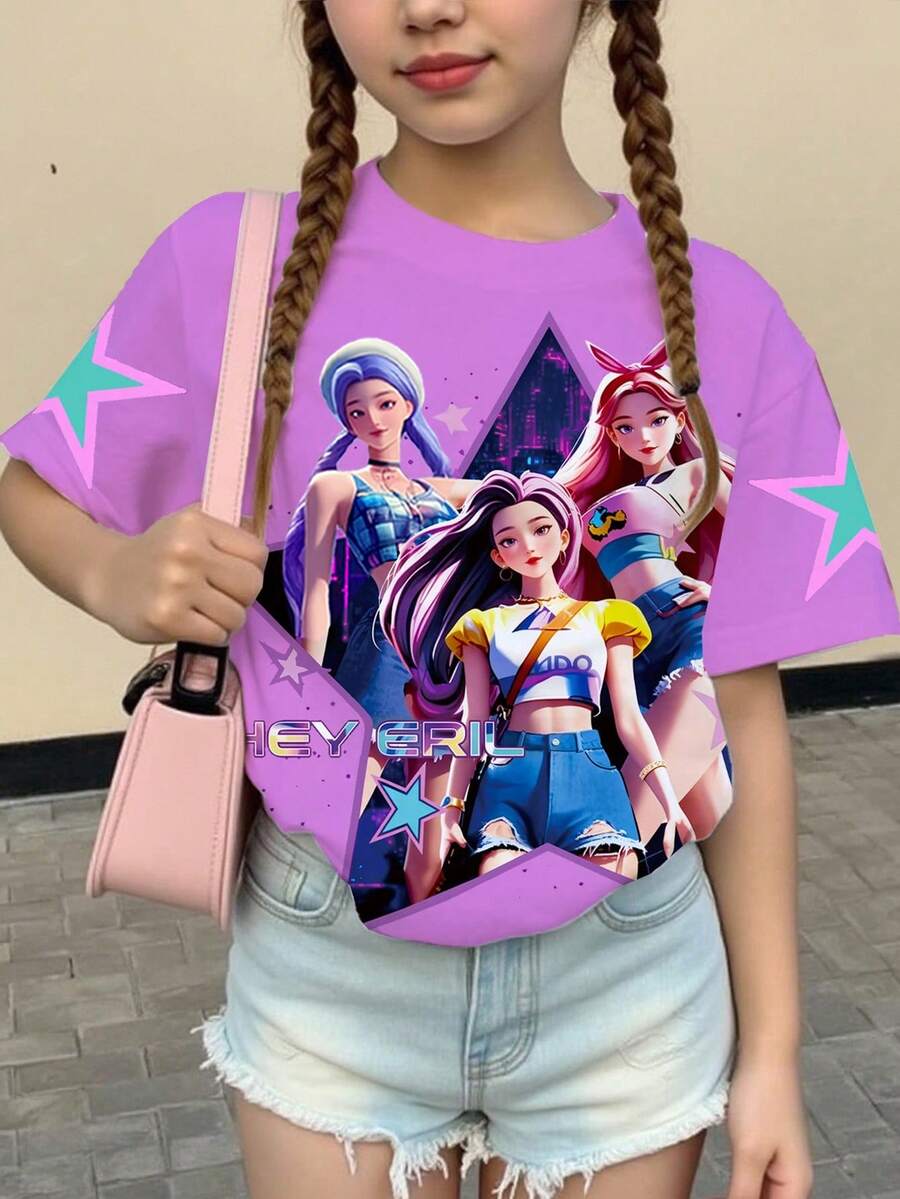 SHEIN Explorewe 一件可爱韩流女孩印花宽松粉色短袖上衣,适合女孩穿着,是送给青少年的绝佳圣诞礼物,适合春、夏、秋、冬四季穿着。 - 粉色 - 查看 1