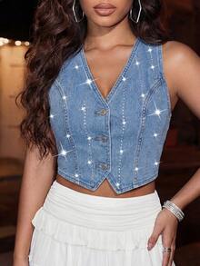 SHEIN BAE Women's Rhinestone Embellished Single-Breasted Casual Denim Vest Jacket - Blue - View 4