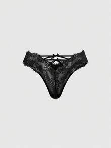 ROMWE Gothic Lace Patchwork Criss-Cross Bow Back Women's Thong Panties - Black - View 2