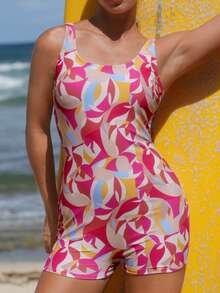 Swim SPRTY Women's Geometric Print Backless One-Piece Swimsuit, Fashionable For Vacation - Multicolor - View 5