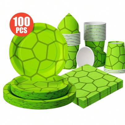 Disposable Green Turtle Shell-Patterned Plates, Napkins, And Cups, One-Time Party Supplies Set, Suitable For 25 Guests. Disposable Paper Plates And Party Tableware Are Perfect For Birthday Parties, Weddings, Theme Parties, And Family Picnics