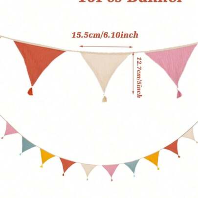 一套长款多色棉质流苏花环悬挂式布艺三角旗横幅，适用于婚礼、生日、婴儿派对装饰，彩色三角旗，室内外围栏、屋顶、房间、教室、花园、走廊、节日派对用品装饰