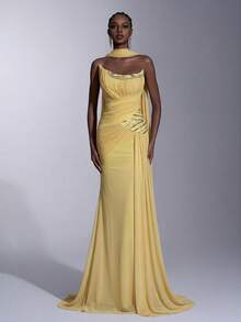 Elitara Elegant Minimalist High-Stretch Mesh Strapless Asymmetric Ruched Luxurious 3D Rhinestone Mermaid Draped Flounce(Detachable Halter)Formal Evening Gown - Light Yellow - View 1