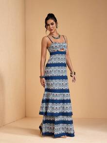 JIAN LASALA All-Over Print Spaghetti Strap Sleeveless Bustier Top Cutout A-Line Loose Women Maxi Dress Boho - Blue - View 5