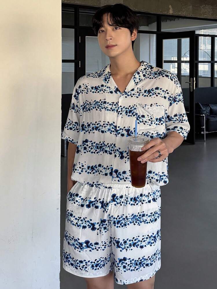 Men's Striped Floral Print Short Sleeve Top And Shorts Beach Outfit, Summer