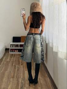 StreetHx Women's Patterned Pocket Wide Leg Loose Casual Bermuda Denim Shorts - Blue - View 2