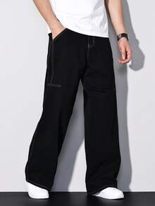 Manfinity Homme Spring & Summer Casual Street Water-Washed Black Straight Loose Wide-Leg Jeans With Contrast Stitching - Black - View 3