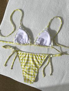 Swim Mod Women's Spring/Summer Random Plaid Print Halter Ruffled Bikini Set - Multicolor - View 3