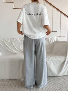 DAZY 女士休闲宽松印花T恤和直筒裤两件套，夏季 - 白色 - 查看 2