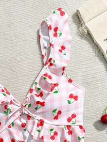 Tween Girls One-Piece Swimsuit, Cute Pink Plaid Cherry Print Knit Fabric, Front Tie Strap, Flounce Hem, Fashion Casual Elegant Ladylike, Suitable For Swimming, Summer Vacation, Beach, Pool, Holiday Party - Pink - View 3