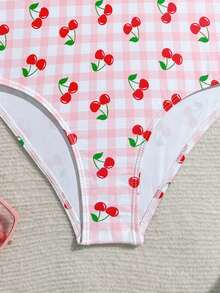 Tween Girls One-Piece Swimsuit, Cute Pink Plaid Cherry Print Knit Fabric, Front Tie Strap, Flounce Hem, Fashion Casual Elegant Ladylike, Suitable For Swimming, Summer Vacation, Beach, Pool, Holiday Party - Pink - View 5