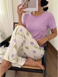 女童休闲纯色短袖T恤和数码印花宽松长裤家居服套装，夏季 - 紫色 - 查看 4