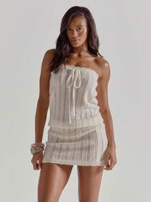 MUSERA 扇贝边系带细节抹胸修身迷你连衣裙可爱沙滩罩衫春夏度假外出游泳性感钩针针织 - 白色 - 查看 1