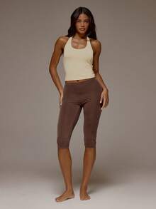 MUSERA ESSENTIALS Fitted Elasticated Waist Soft Touch Capri Trousers Spring Summer Holiday Everyday Cute Daily Basics Essential - Coffee Brown - View 1