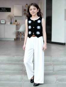 2pcs/Set Tween Girls Organza Floral Decor Black Tank Top And Contrast Button Accent White Wide Leg Pants,Black And White Summer Tea Party Jumpsuit - Black and White - View 8
