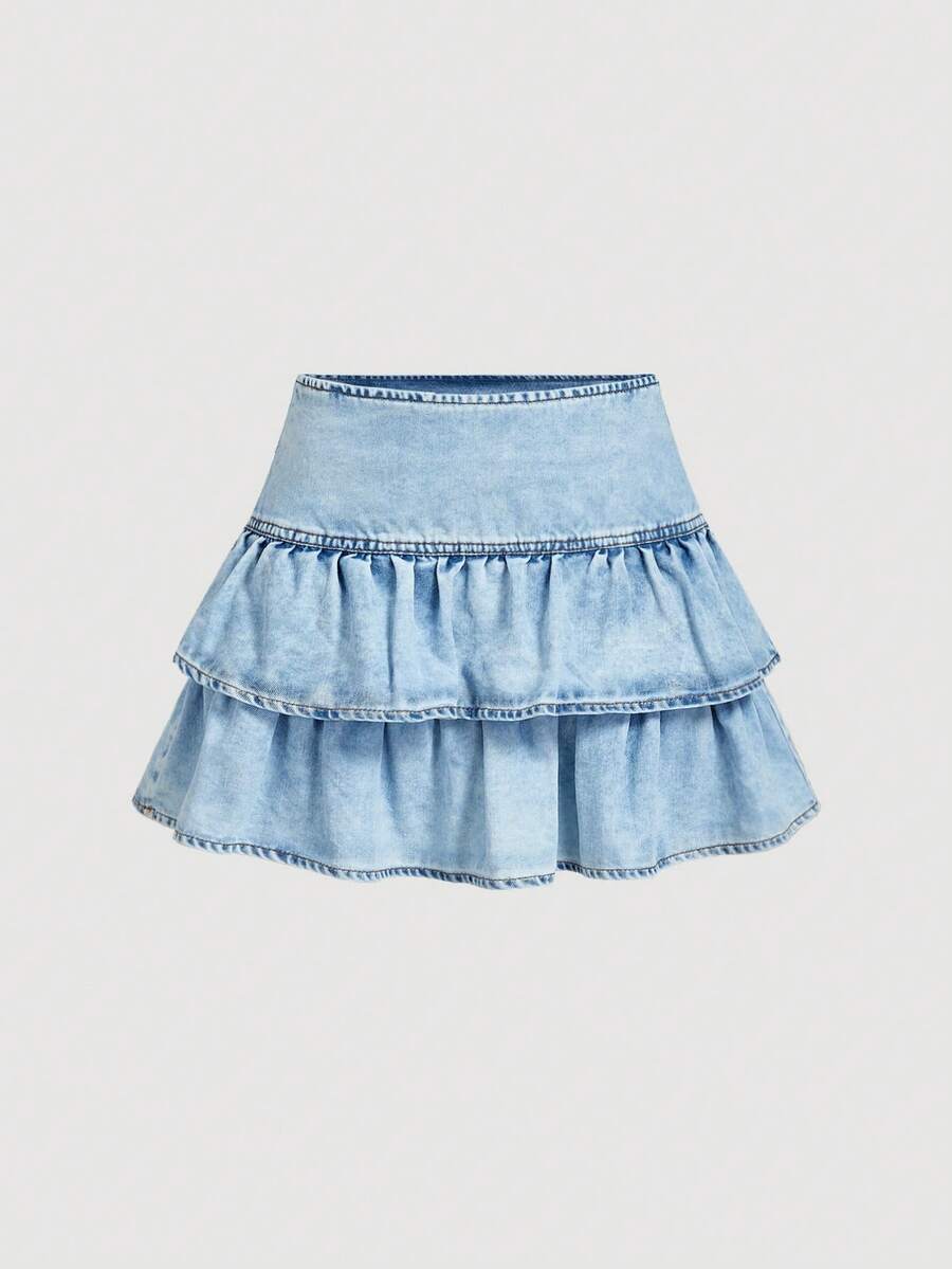 Sweetra 休闲荷叶边下摆女士牛仔迷你裙 - 藍色 - 查看 1