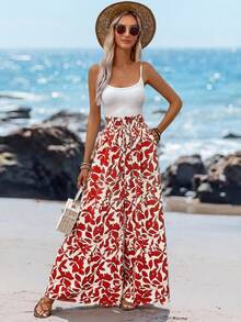 Sylviya 夏季女式树叶印花宽松裤 - 紅色 - 查看 3