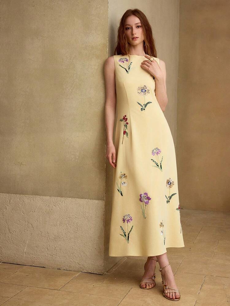 EMBROIDERED 3D FLORAL BEADED SLEEVELESS MIDI LEMON YELLOW DRESS, ELEGANT