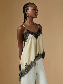 Briarwyn Áo camisole nữ phối ren, vạt bất đối xứng, kiểu dáng thường ngày, đa năng, thích hợp cho buổi hẹn hò hoặc buổi tối. - Màu Khaki - Xem 4