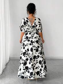 Elenzga Vestido elegante de talla grande para mujer con cuello en V, mangas cortas y cintura ceñida en línea A, adecuado para el trabajo, primavera/verano - Blanco y Negro - Ver 2