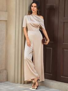 Editum Women's Elegant Party Solid Satin Asymmetric Collar Jumpsuit - Apricot - View 3