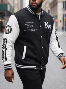 ResortEase Áo khoác bóng chày Varsity hai tông màu họa tiết khẩu hiệu cỡ lớn dành cho nam, cá tính, tay dài, đi chơi, trang phục đường phố, New York, khối màu, cho mùa thu - Đen và trắng - Xem 2