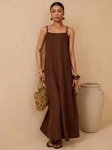 Vesra Đầm nữ màu nâu cà phê giả lanh đính hạt, kiểu dáng rộng rãi, thoải mái, thích hợp cho kỳ nghỉ. - Cà phê nâu - Xem 4