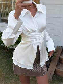 DAZY Blusa blanca elegante y ajustada con cuello para mujer - Blanco - Ver 8