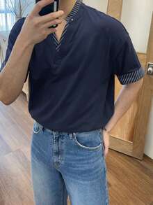 DAZY Navy Blue V-Neck Men's T-Shirt With Collar And Cuff Contrast Design, Summer - Multicolor - View 1