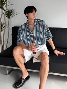 DAZY Men's Short Sleeve Striped Textured Fabric Shirt, Summer - Multicolor - View 5