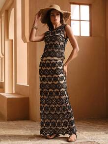 SHEIN Swim Chicsea 女士优雅新款镂空沙滩长裙，常规版型，夏季度假 - 黑色 - 查看 6