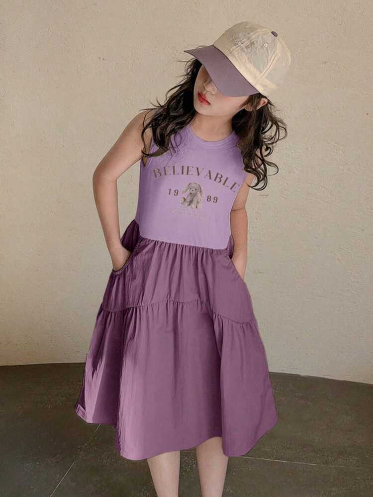 Tween Girl Letter Print Ruffle Hem Pocketed Sleeveless Dress Easter