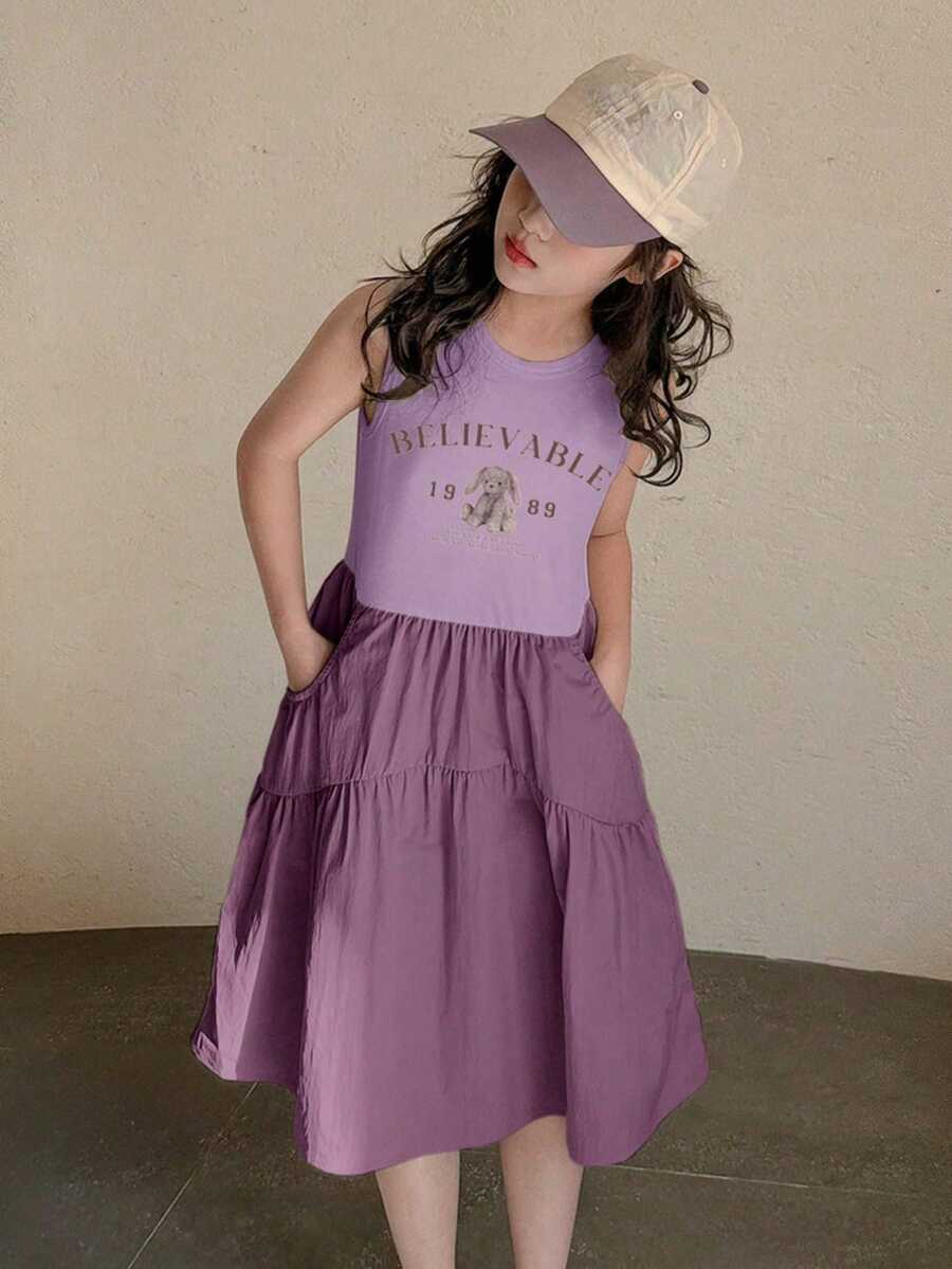 Dazy Kids Tween Girl Letter Print Ruffle Hem Pocketed Sleeveless Dress - Purple - View 1