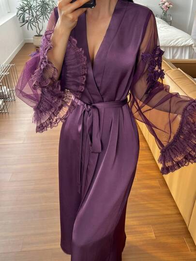 DAZY Lace & Mesh Patchwork Long Sleeve Long Robe, Women Summer & Spring Loungewear Outerwear