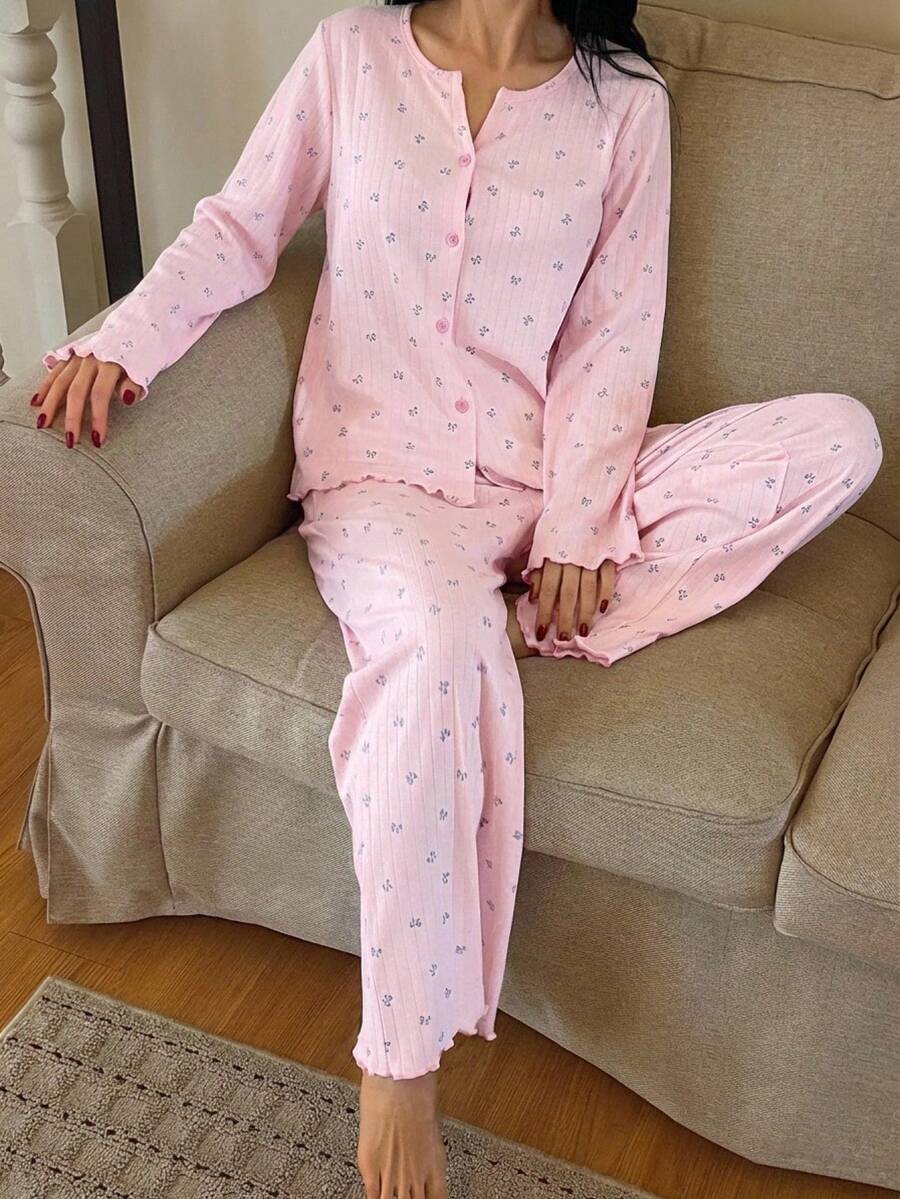 DAZY Bộ đồ ngủ nữ 2 món gồm áo khoác cardigan dài tay dáng rộng và quần maxi họa tiết bướm và hoa nhí, thích hợp cho mùa xuân. - Hồng - Xem 1