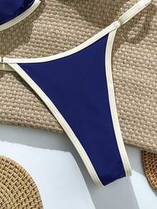 Bonvoyette Conjunto de bikini de unicolor con adorno de contraste y decoración metálica para mujer, primavera/verano - Azul - Ver 6