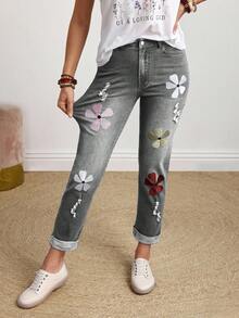 EMERY ROSE Jeans de talla grande con lavado, bordado floral y efecto desgastado - Gris - Ver 1